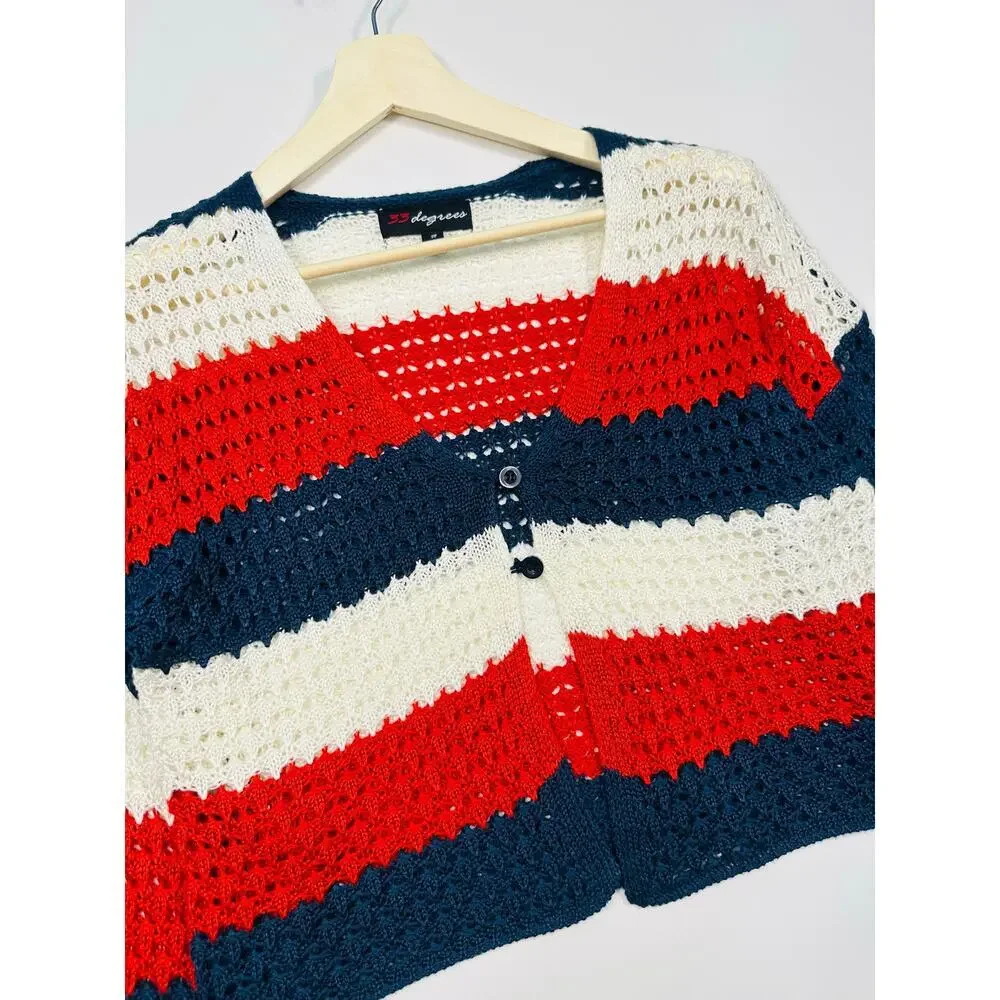 33 Degrees Crochet Cropped Striped Cardigan Sweater with Bell Sleeves Sz Medium - Picture 2 of 6